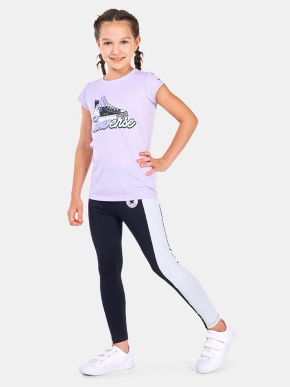 Converse All Star Girls Leggings Size L 12-13 Black‎ White Stripe NWT